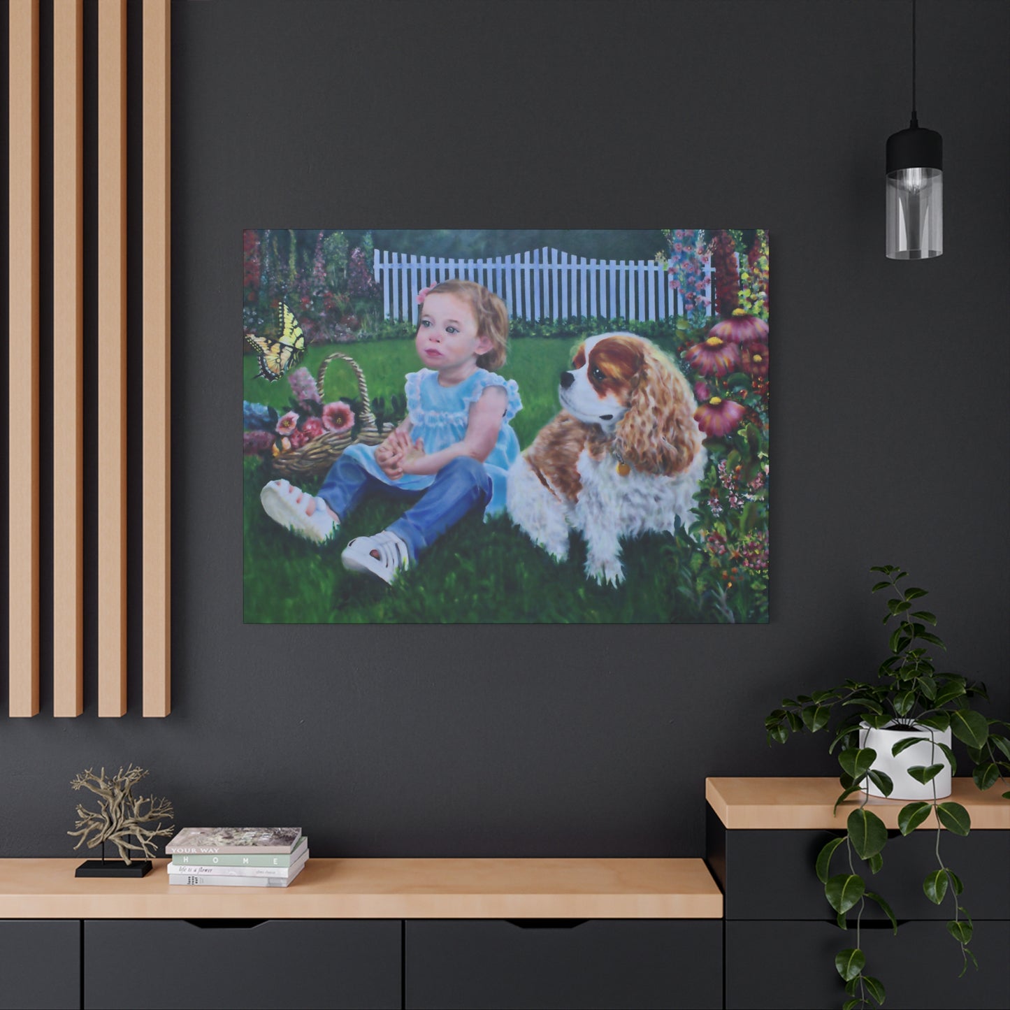 "Innocence" Canvas Print - Girl with Dog Garden Butterfly Art