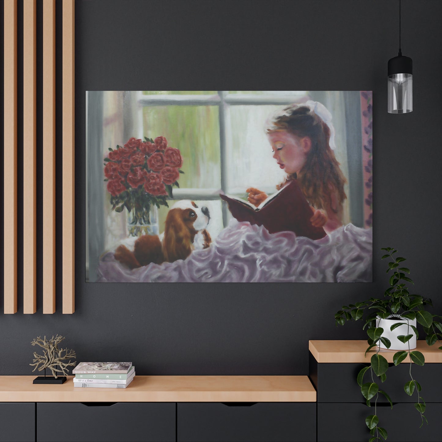 "Storyteller" Canvas Print - Girl Reading to Cavalier King Charles Spaniel