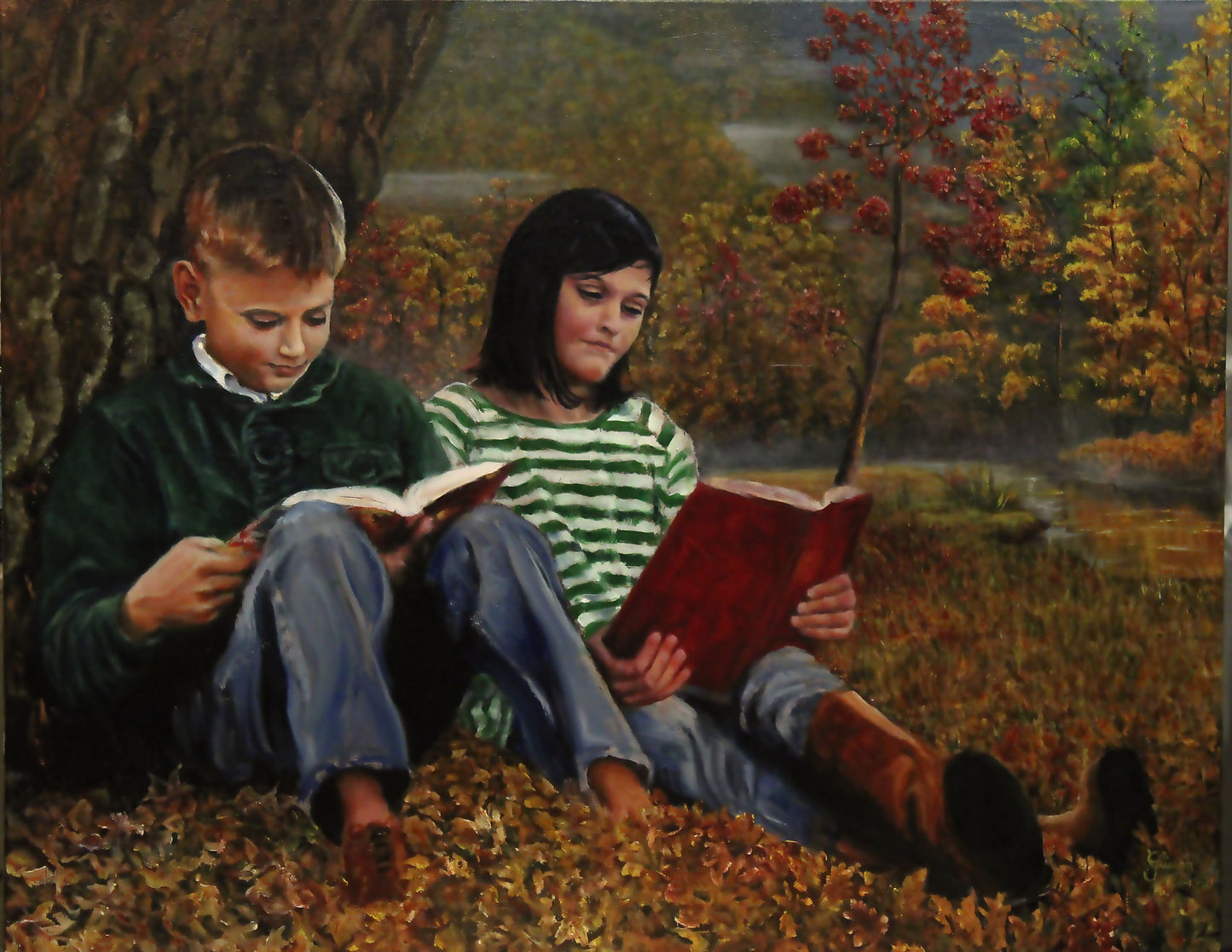 "Siblings" Original Oil Painting on Linen - Vintage Children Reading Art