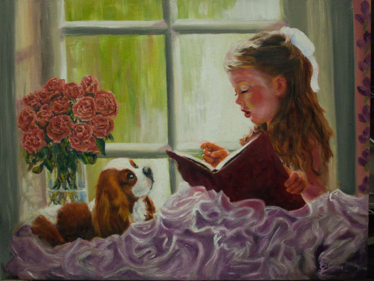 "Storyteller" Original Oil Painting on Linen - Girl Reading to Cavalier King Charles Spaniel
