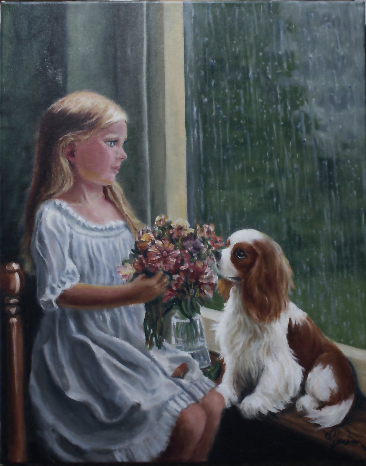 "Rainy Day" Original Oil Painting on Canvas - Girl with Cavalier King Charles Spaniel 16x20
