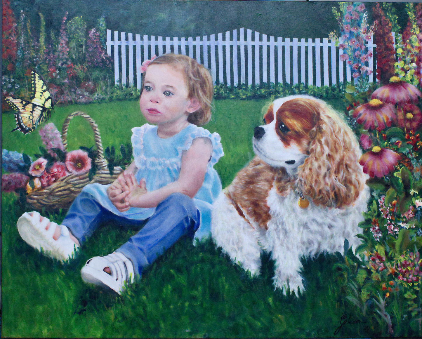 "Innocence" Original Oil Painting on Canvas - Girl with Cavalier & Butterfly Garden Art