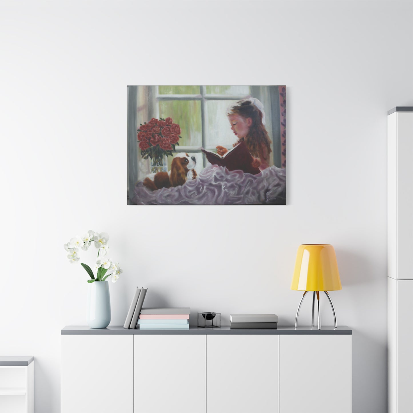 "Storyteller" Canvas Print - Girl Reading to Cavalier King Charles Spaniel