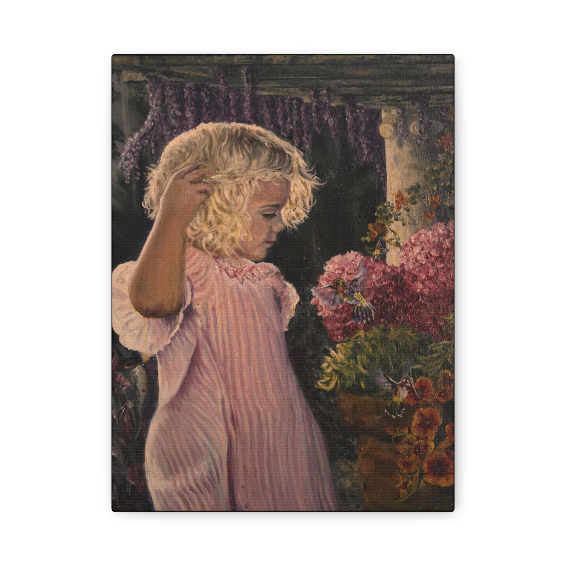 Vintage-style painting of a young girl in a pink dress with flowers