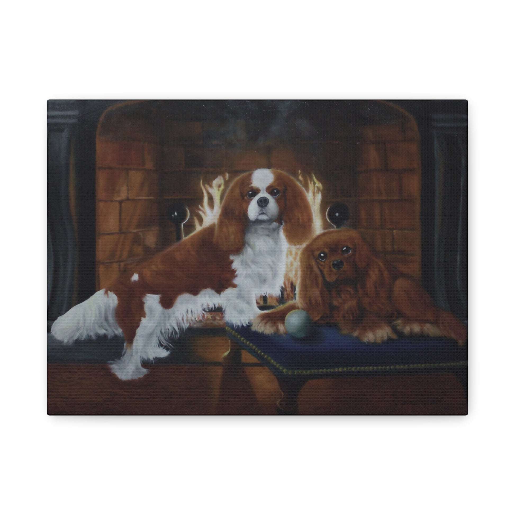 Two dogs sitting on a bench in front of a fireplace