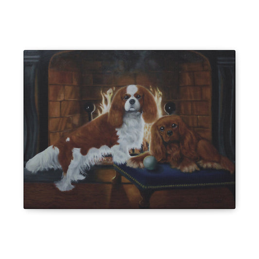 Two dogs sitting on a bench in front of a fireplace