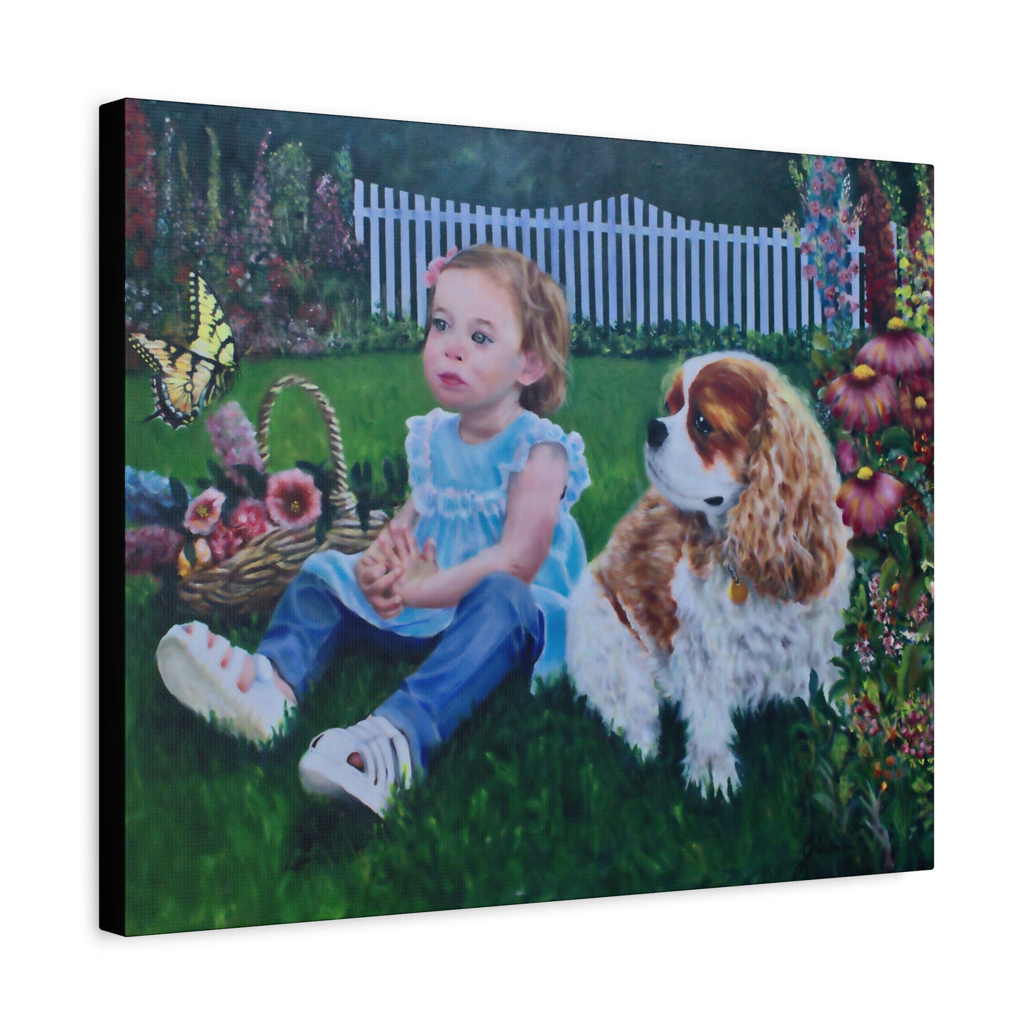 "Innocence" Canvas Print - Girl with Dog Garden Butterfly Art