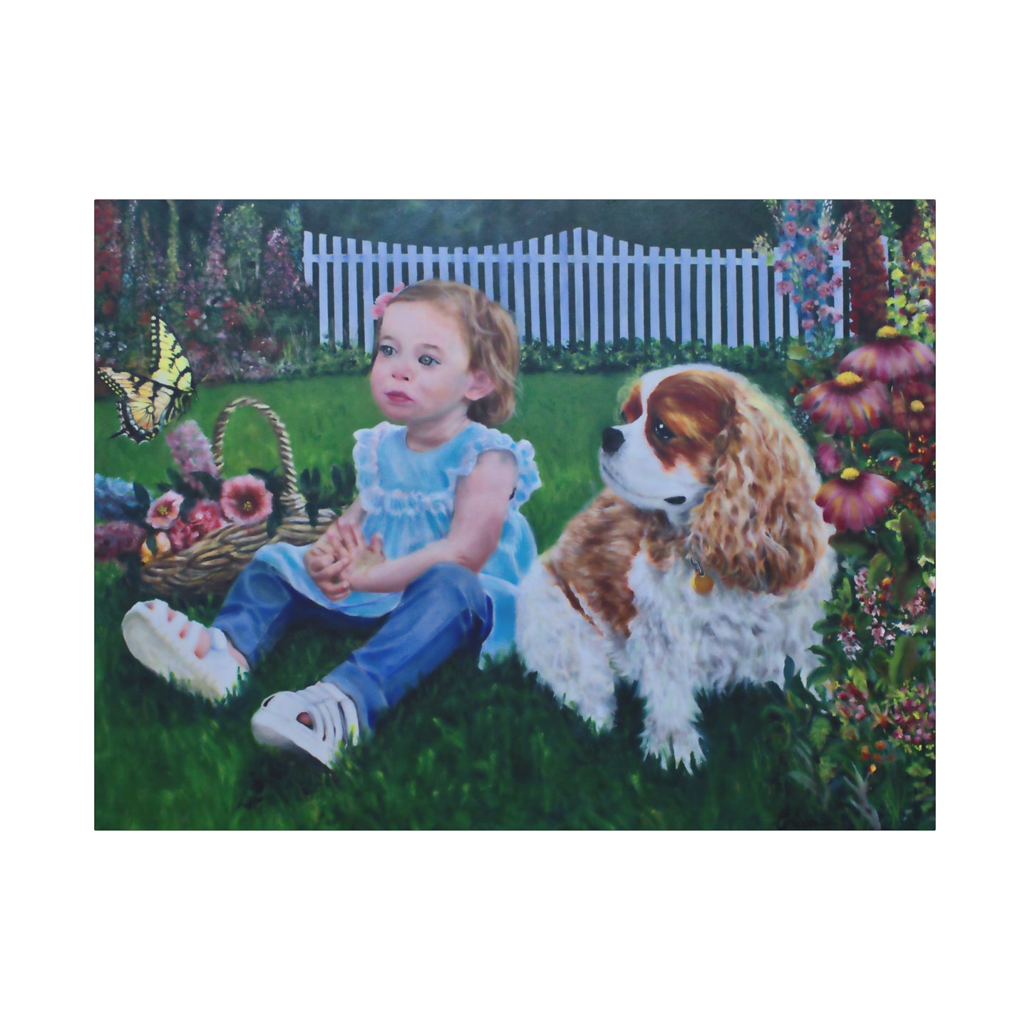 "Innocence" Canvas Print - Girl with Dog Garden Butterfly Art