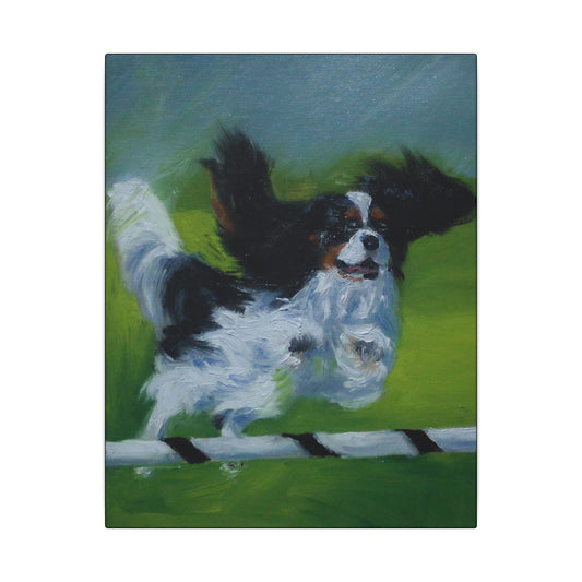 Painting of a dog leaping over a hurdle on grass