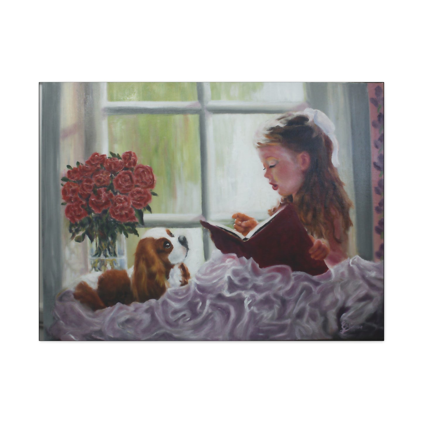 "Storyteller" Canvas Print - Girl Reading to Cavalier King Charles Spaniel