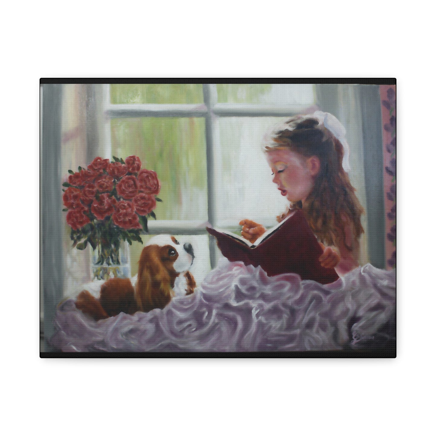 "Storyteller" Canvas Print - Girl Reading to Cavalier King Charles Spaniel