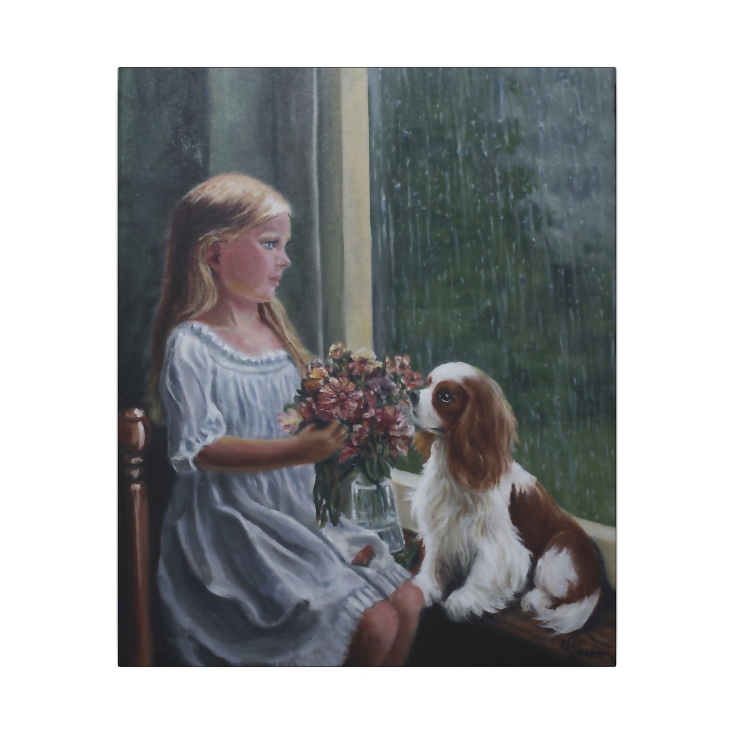 "Rainy Day" Canvas Print - Girl with Dog Whimsical Art