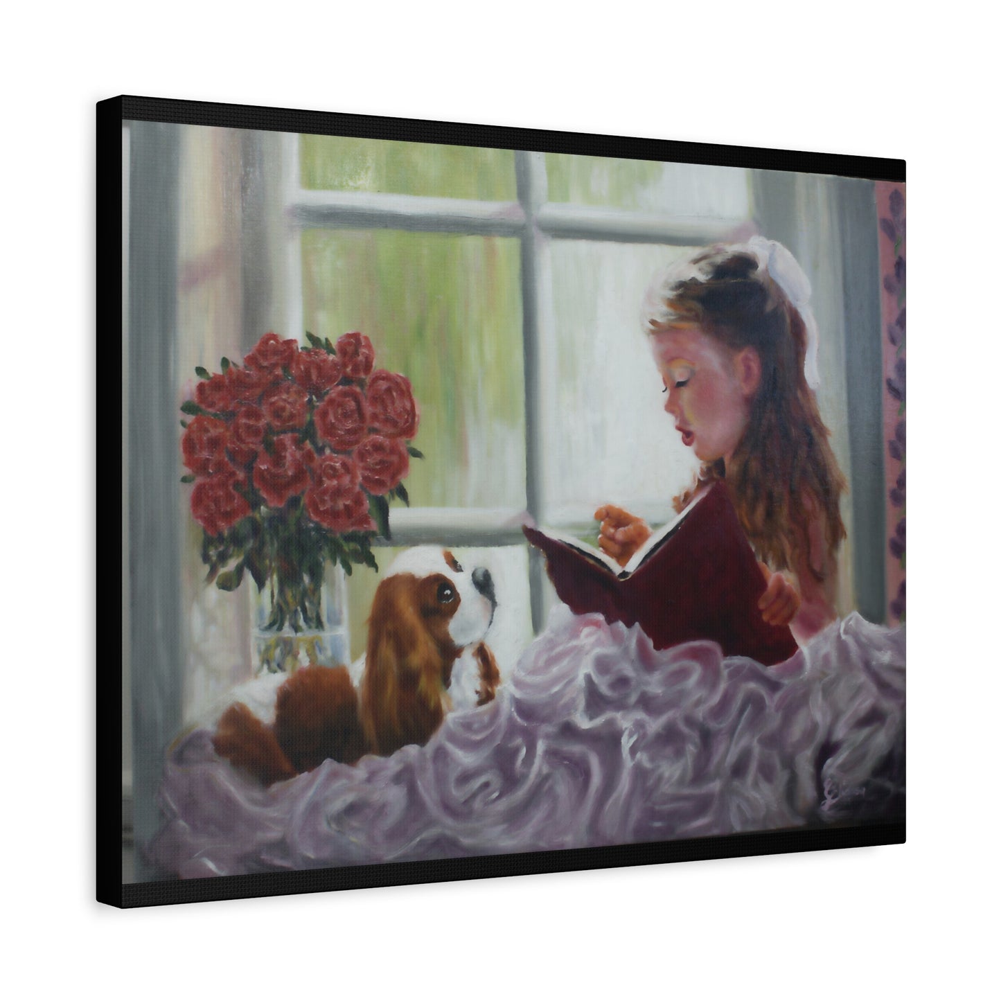 "Storyteller" Canvas Print - Girl Reading to Cavalier King Charles Spaniel