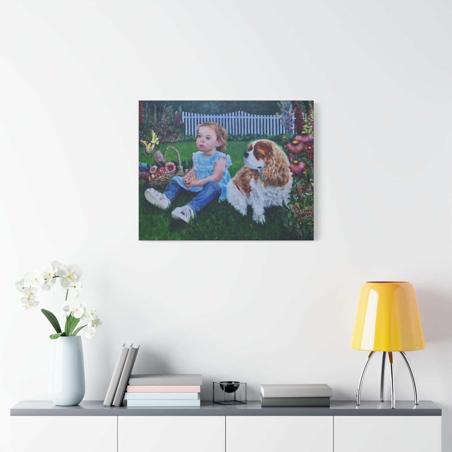 "Innocence" Canvas Print - Girl with Dog Garden Butterfly Art