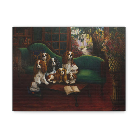 Painting of sis Cavalier King Charles Spaniels on a green sofa in a room with a garden view.