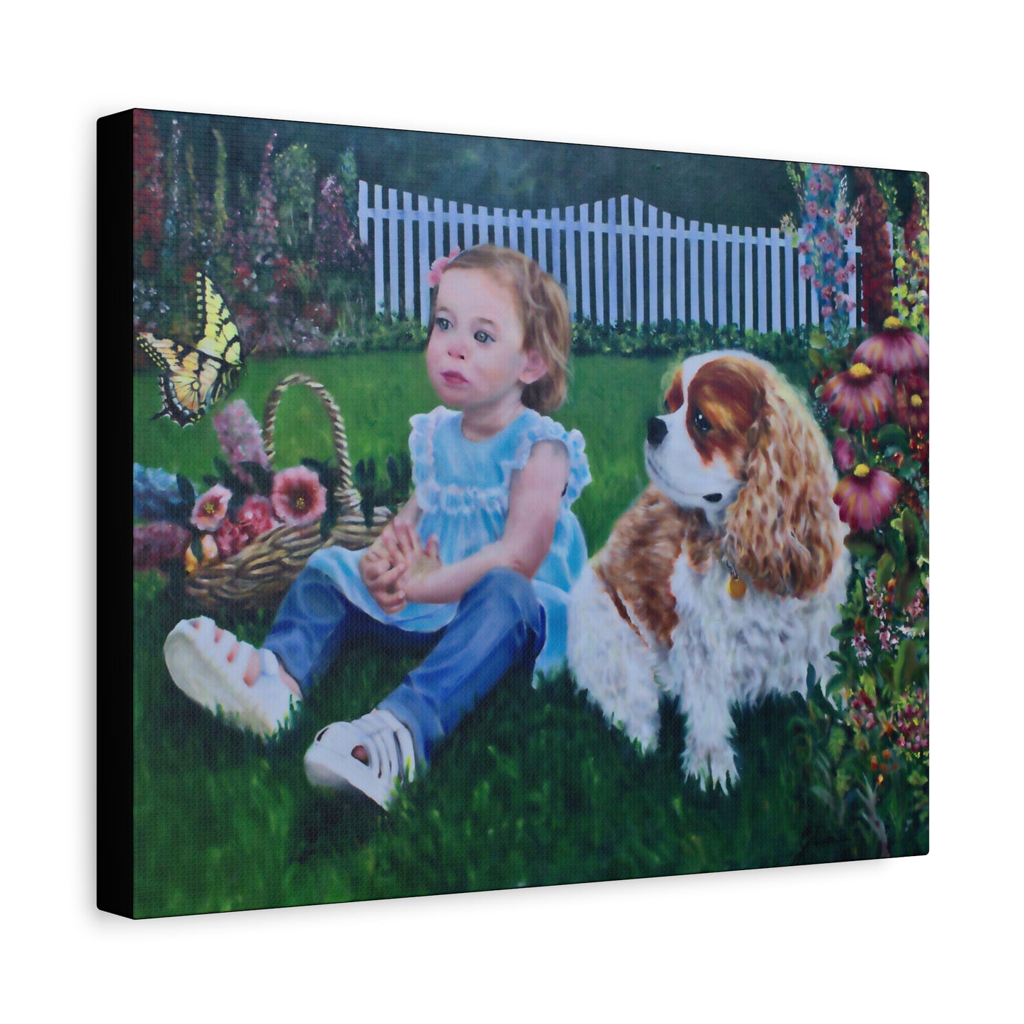 "Innocence" Canvas Print - Girl with Dog Garden Butterfly Art
