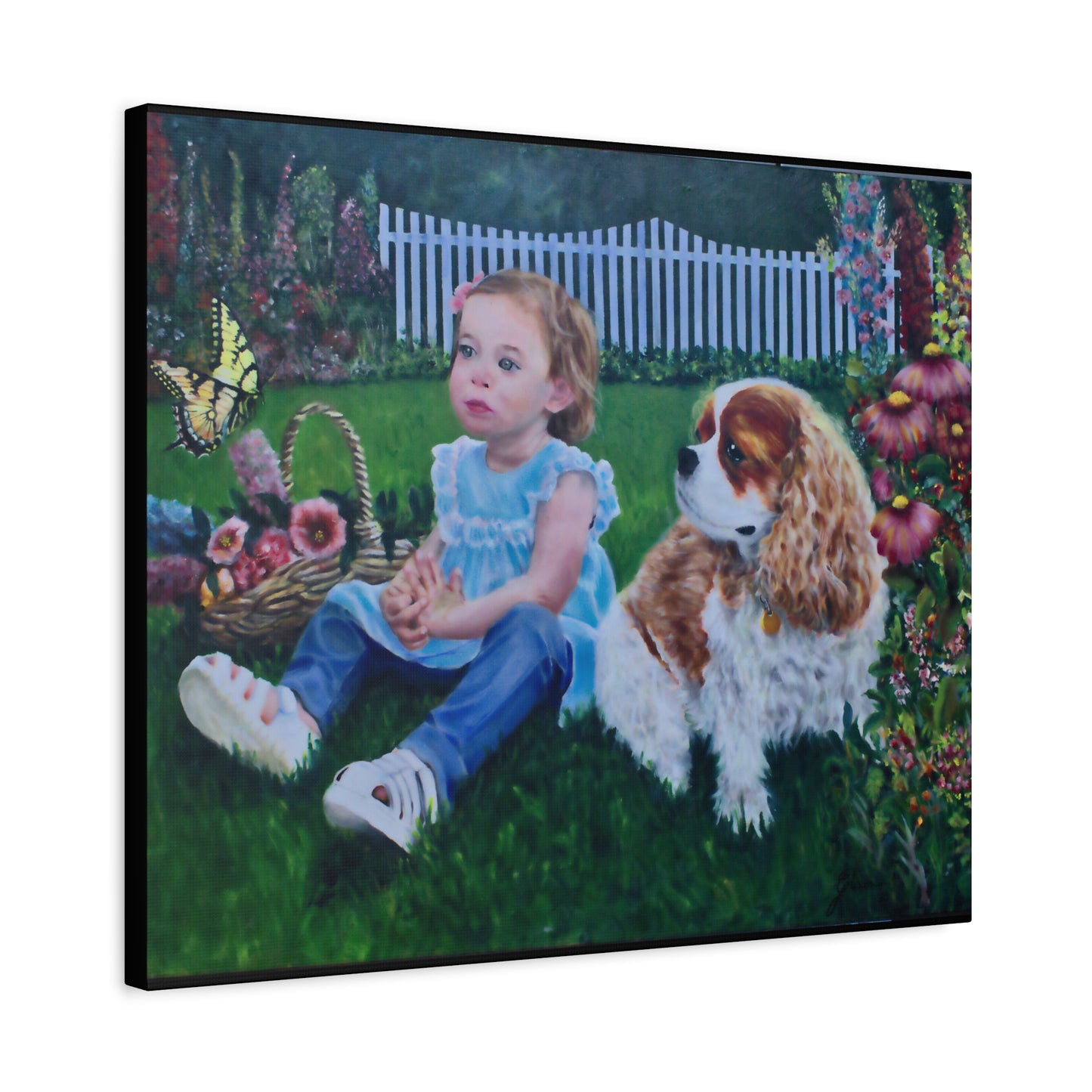 "Innocence" Canvas Print - Girl with Dog Garden Butterfly Art