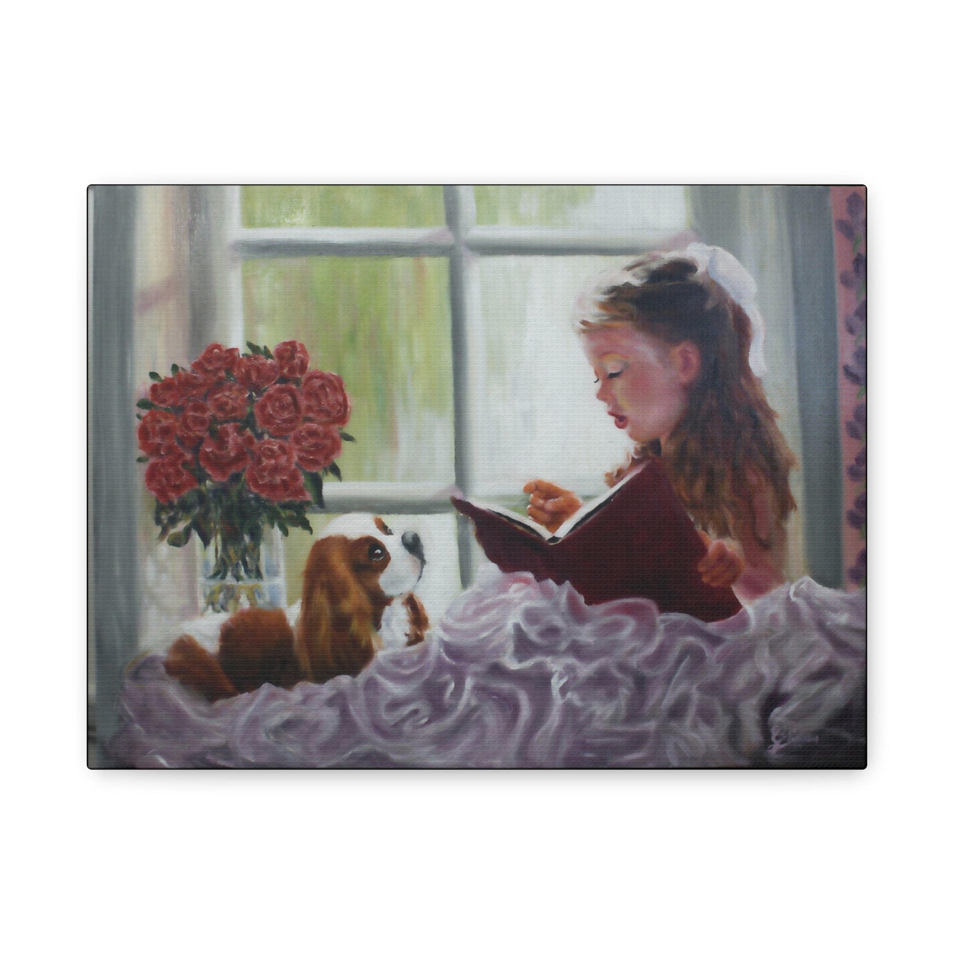 Painting of a girl reading a book by a window with flowers and a dog.
