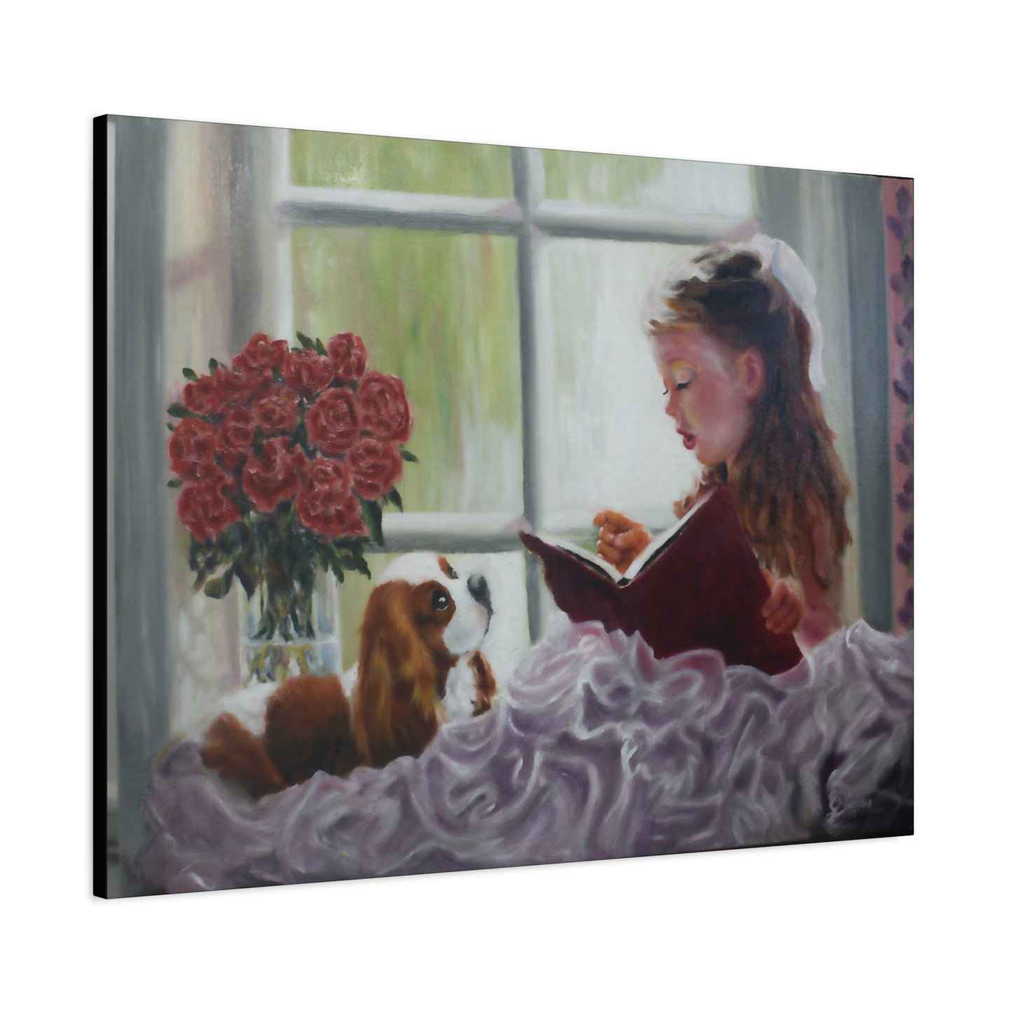 "Storyteller" Canvas Print - Girl Reading to Cavalier King Charles Spaniel