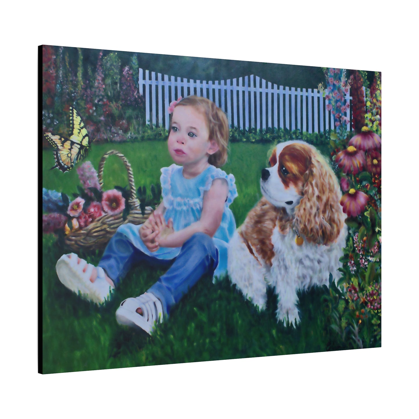 "Innocence" Canvas Print - Girl with Dog Garden Butterfly Art