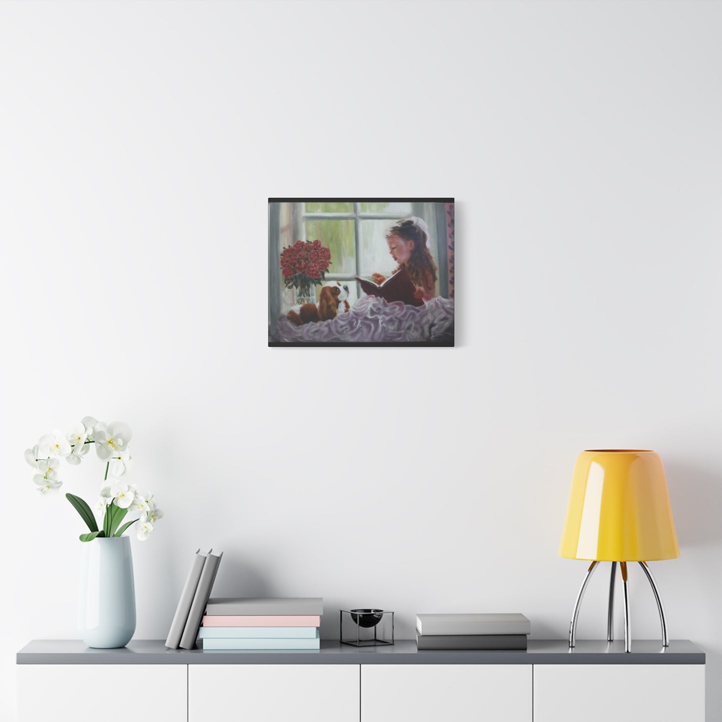 "Storyteller" Canvas Print - Girl Reading to Cavalier King Charles Spaniel
