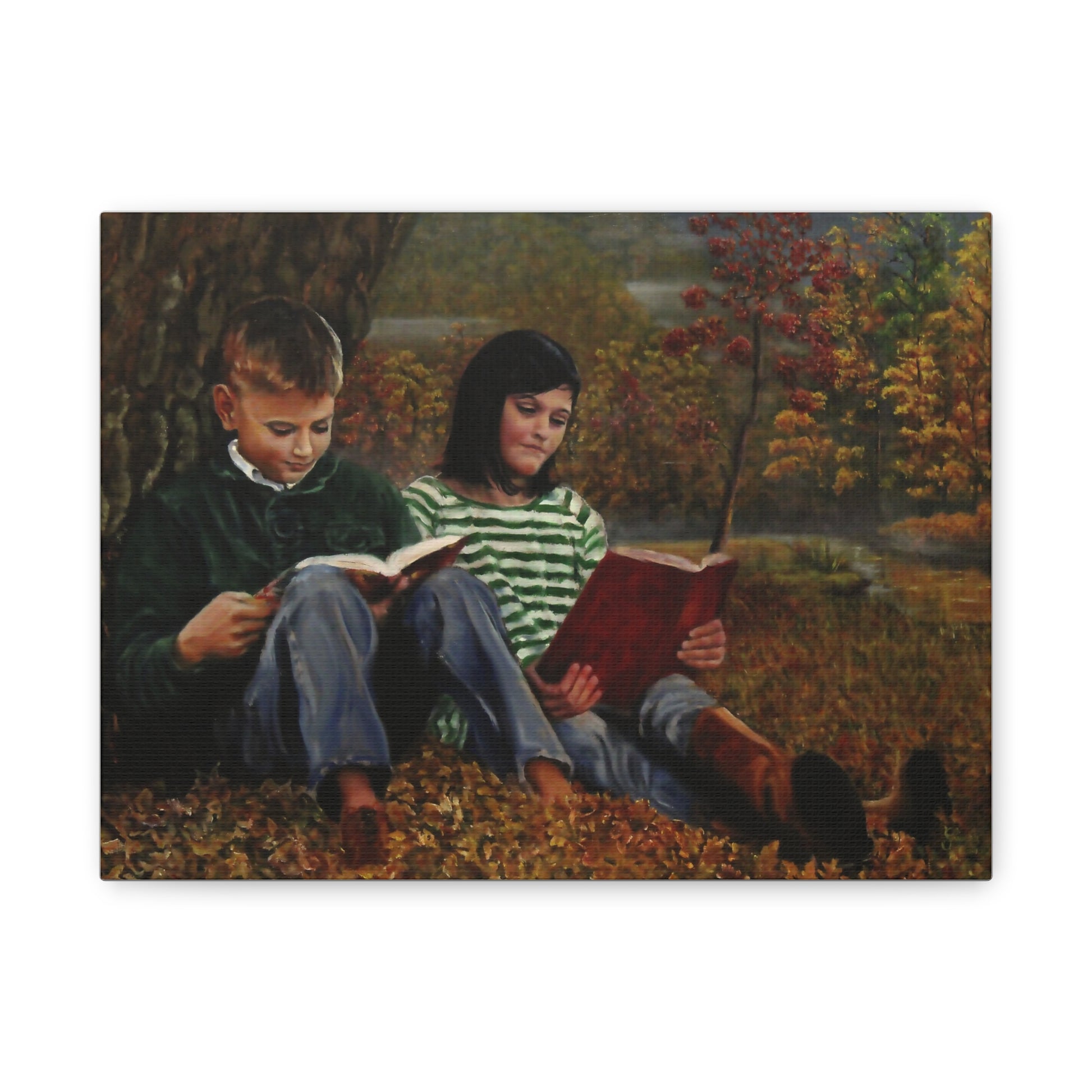 Two children sitting in a park reading books, surrounded by trees and foliage.