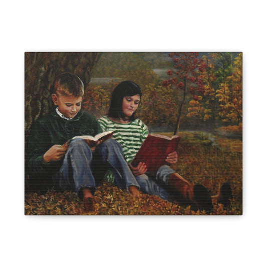 Two children sitting in a park reading books, surrounded by trees and foliage.