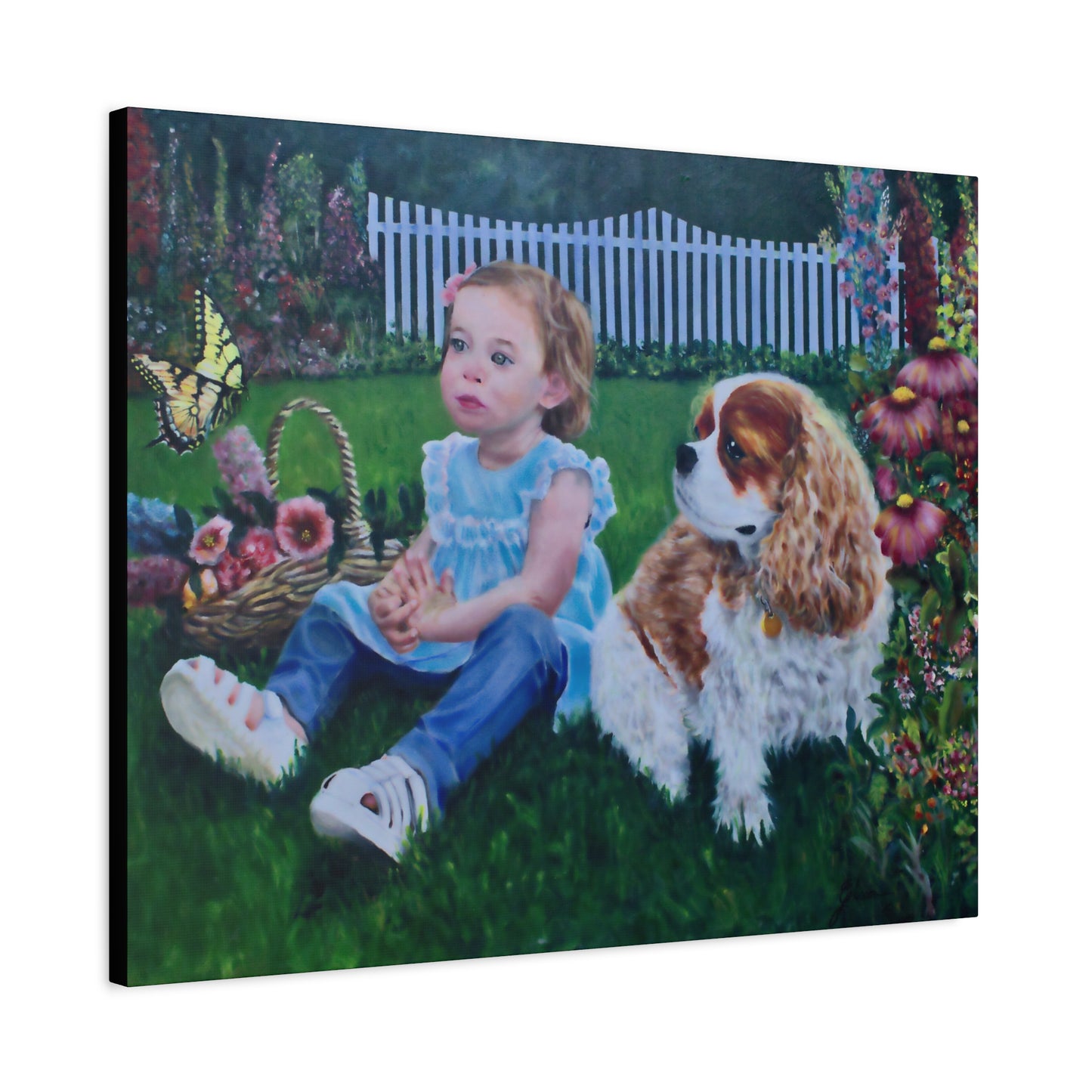 "Innocence" Canvas Print - Girl with Dog Garden Butterfly Art