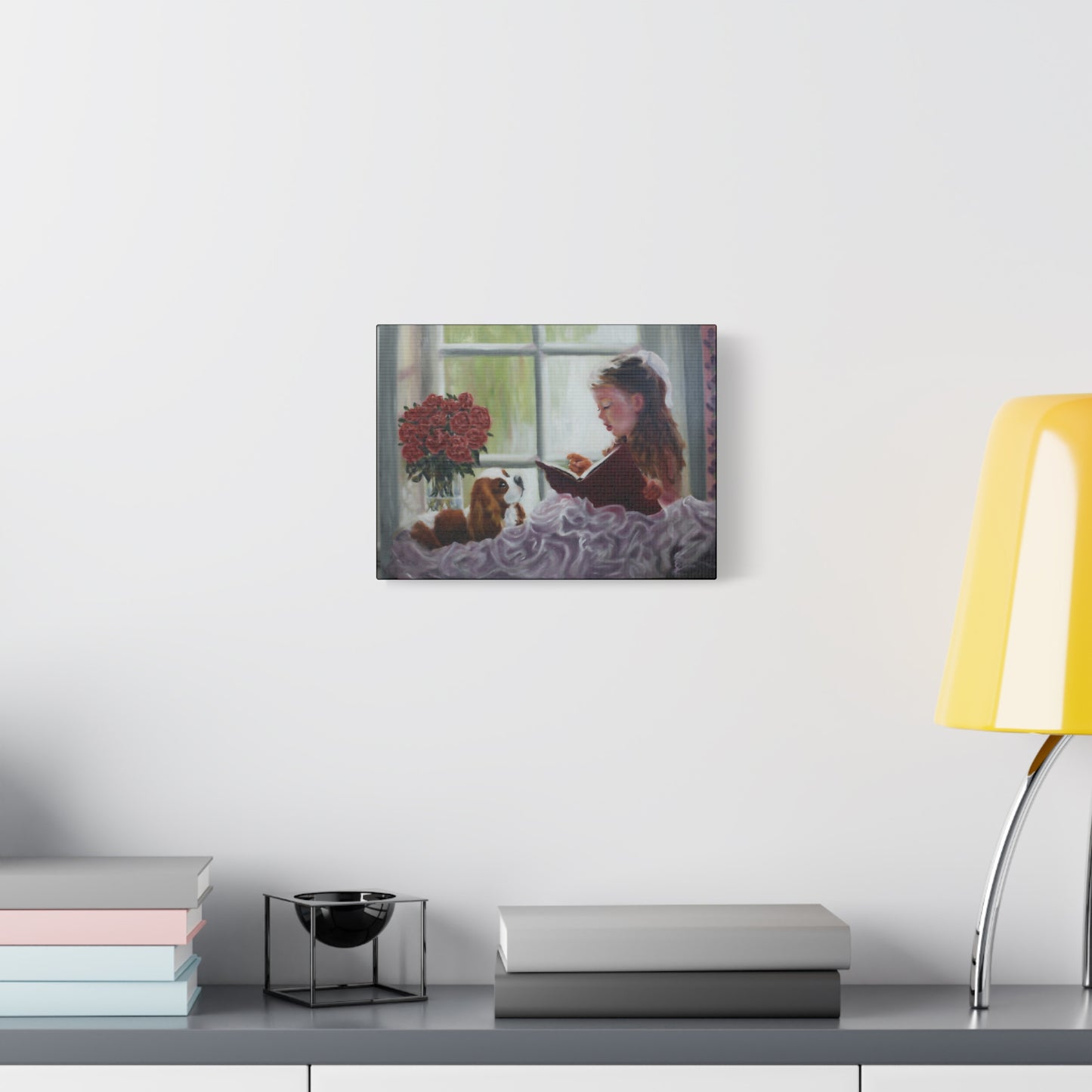 "Storyteller" Canvas Print - Girl Reading to Cavalier King Charles Spaniel