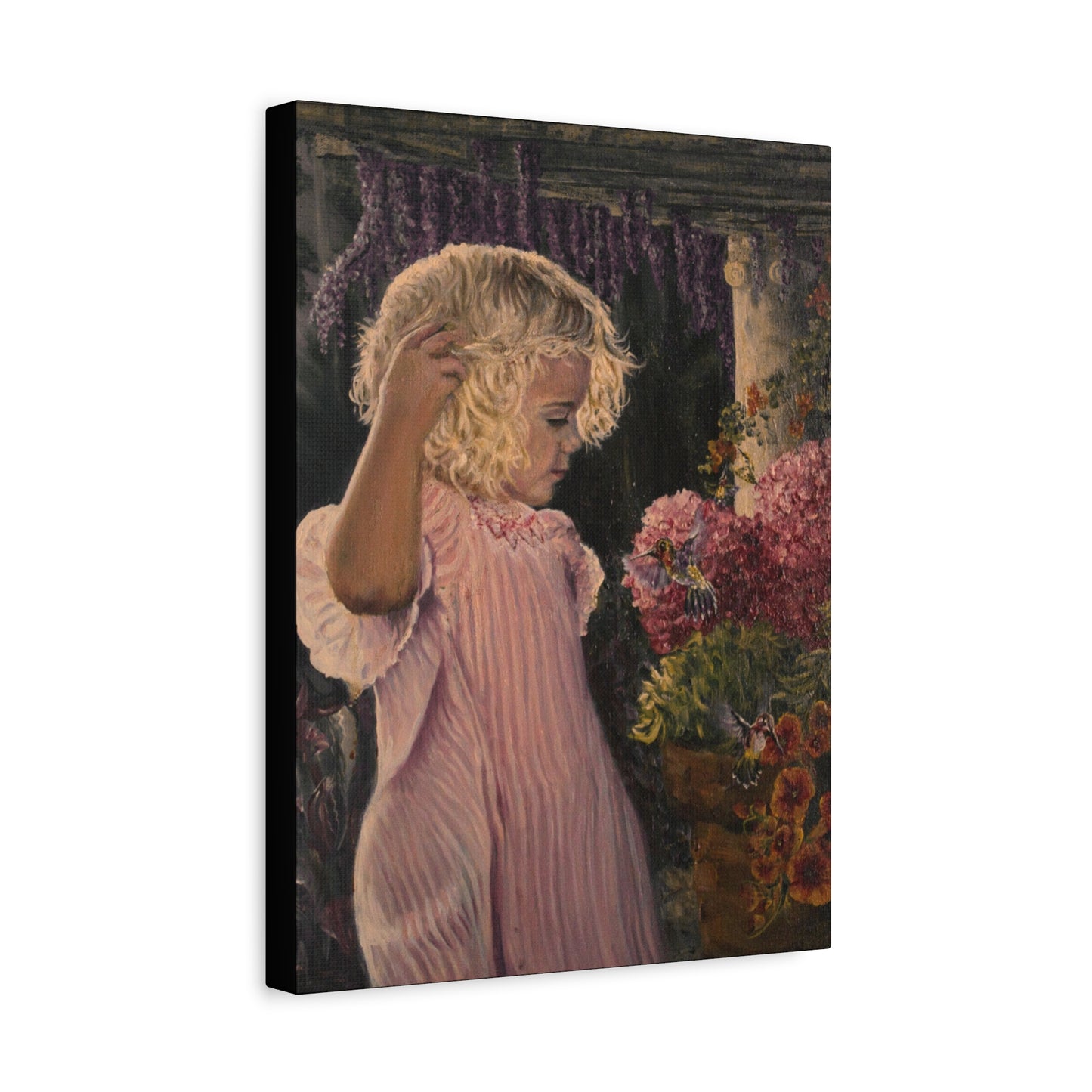 "Garden Surprise" Canvas Print - Girl with Hummingbirds Art