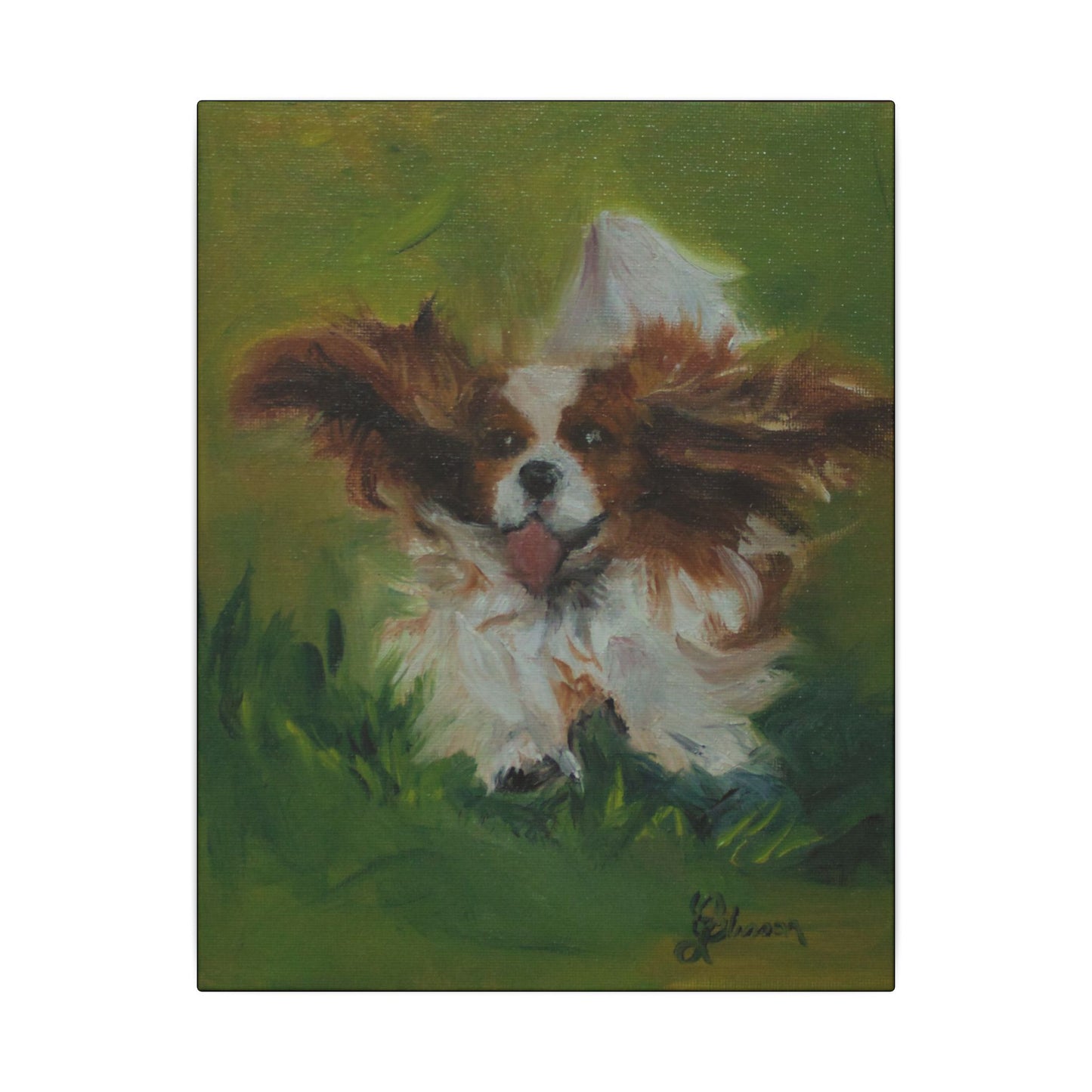 Painting of a dog running in a grassy area