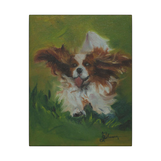 Painting of a dog running in a grassy area
