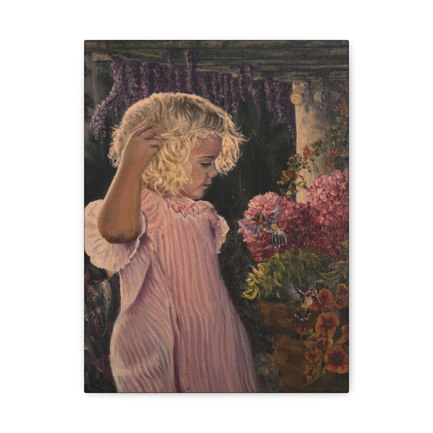 "Garden Surprise" Canvas Print - Girl with Hummingbirds Art