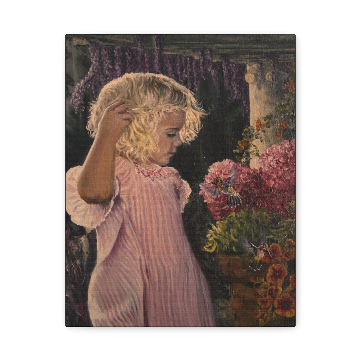 "Garden Surprise" Canvas Print - Girl with Hummingbirds Art