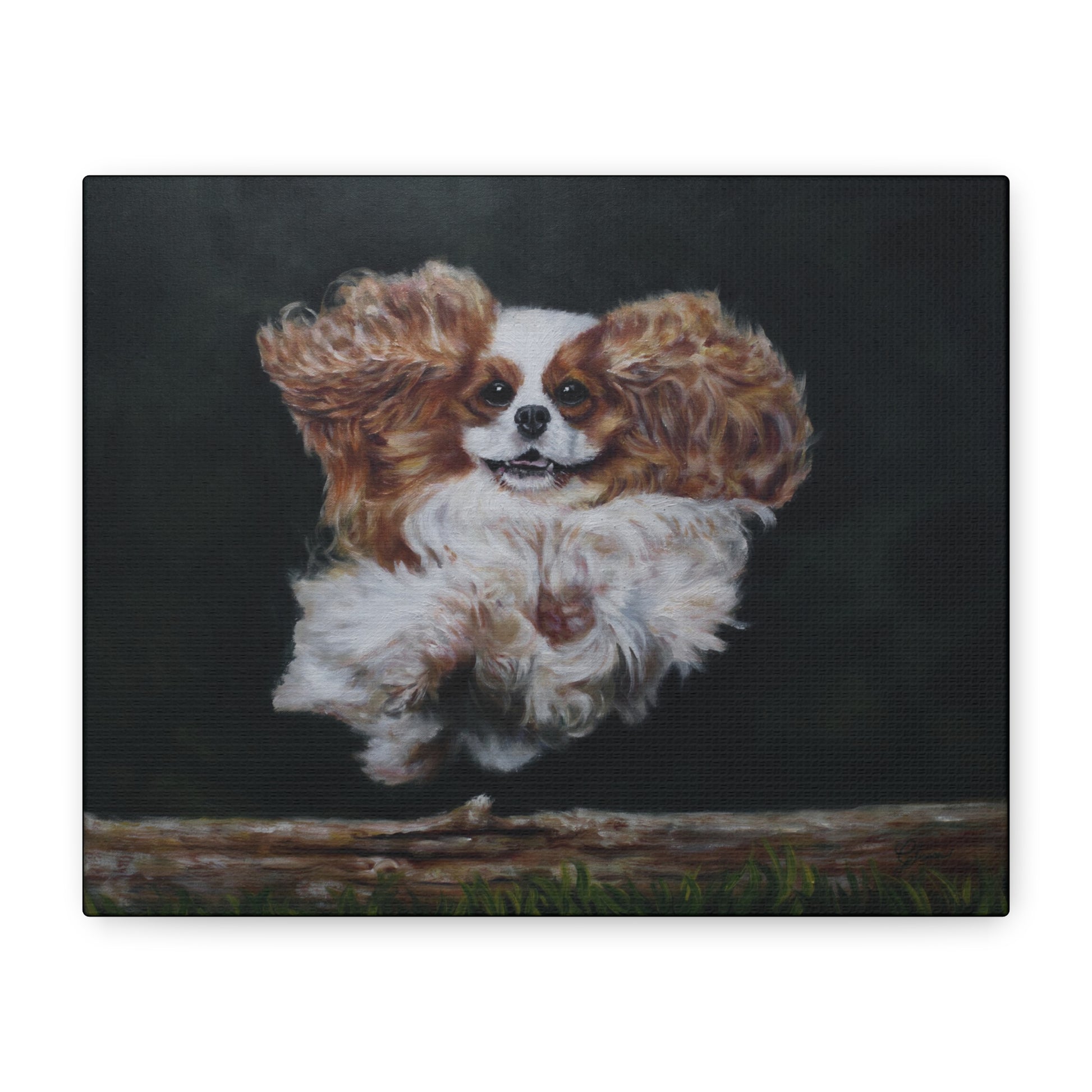 Painting of a Cavalier King Charles Spaniel leaping over a log on a dark background