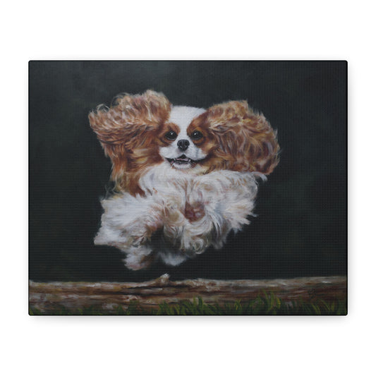 Painting of a Cavalier King Charles Spaniel leaping over a log on a dark background