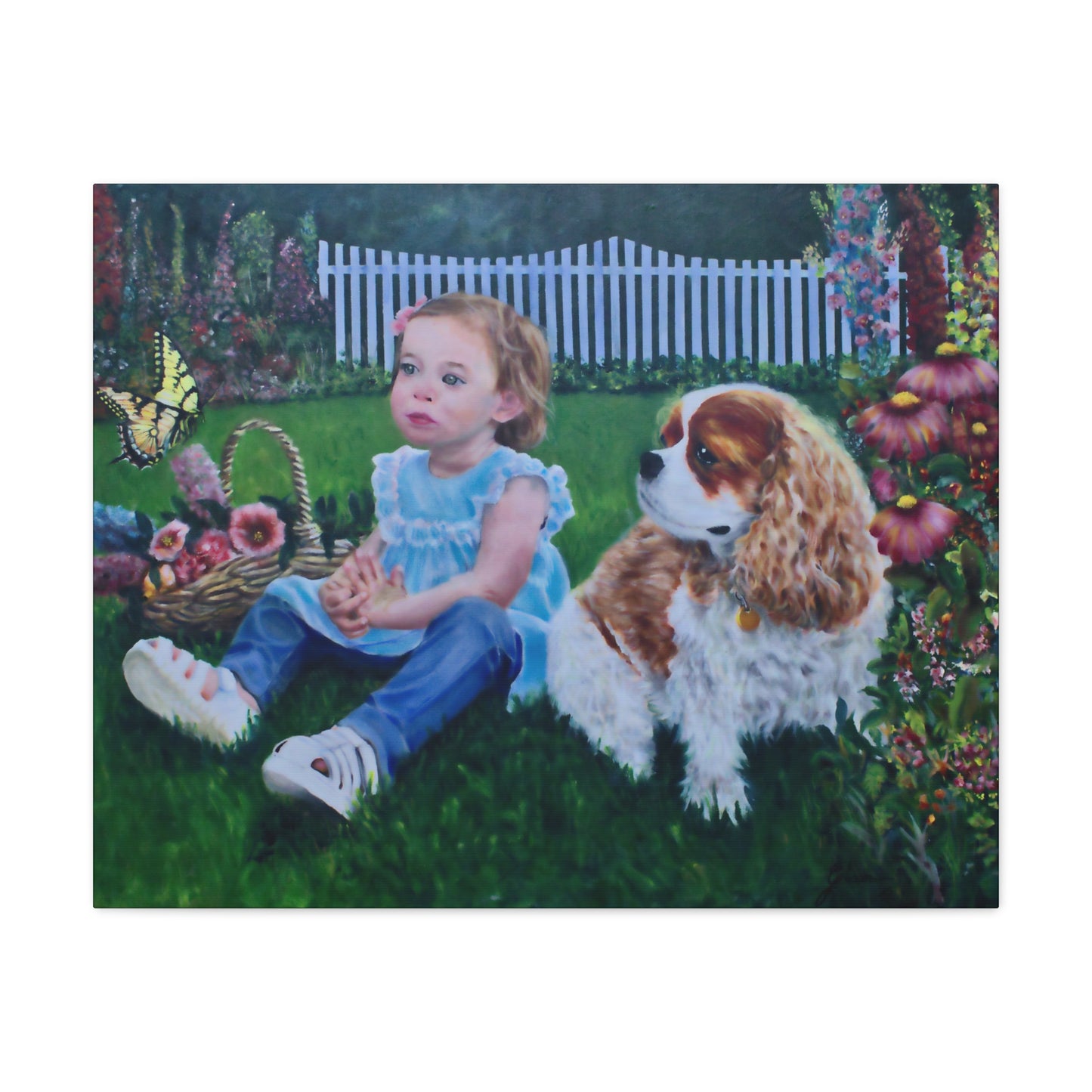 "Innocence" Canvas Print - Girl with Dog Garden Butterfly Art