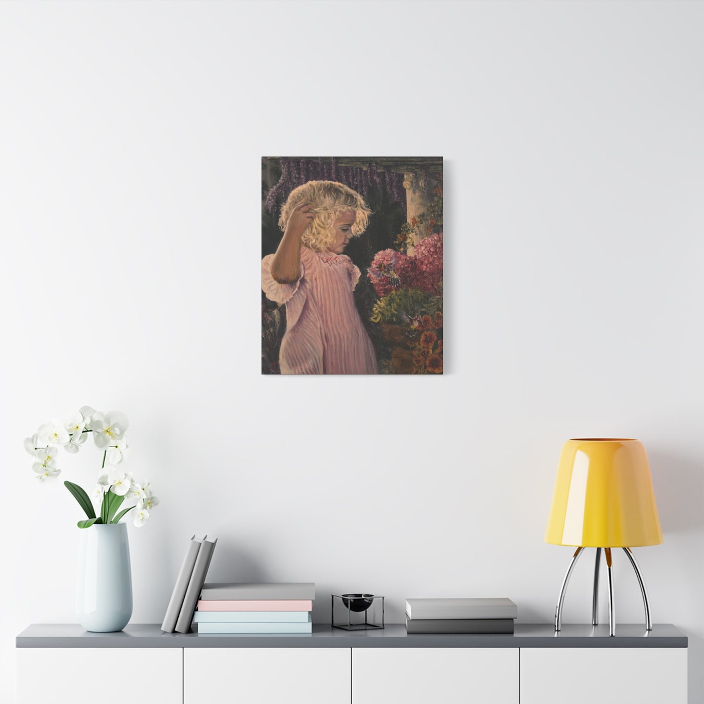 "Garden Surprise" Canvas Print - Girl with Hummingbirds Art