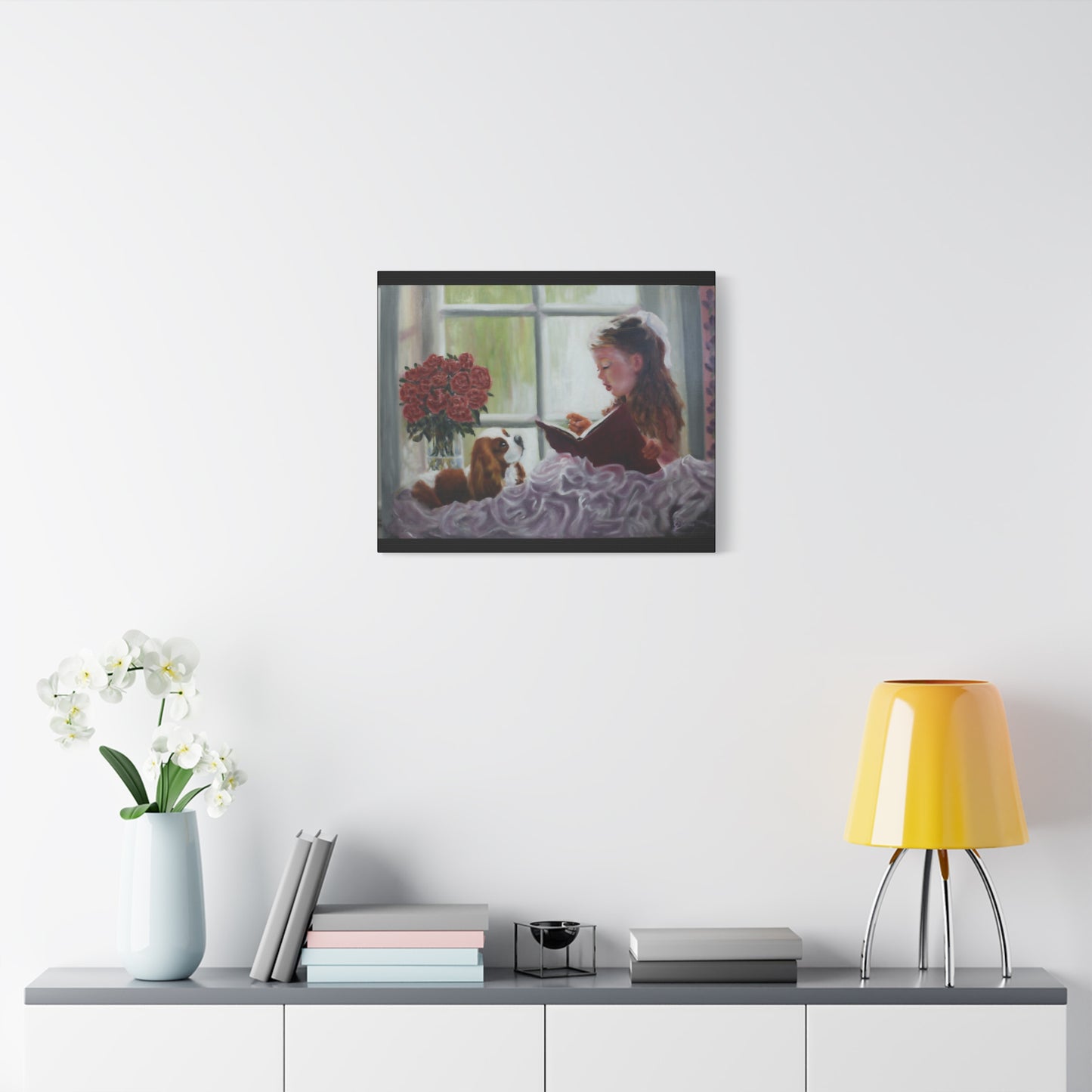 "Storyteller" Canvas Print - Girl Reading to Cavalier King Charles Spaniel