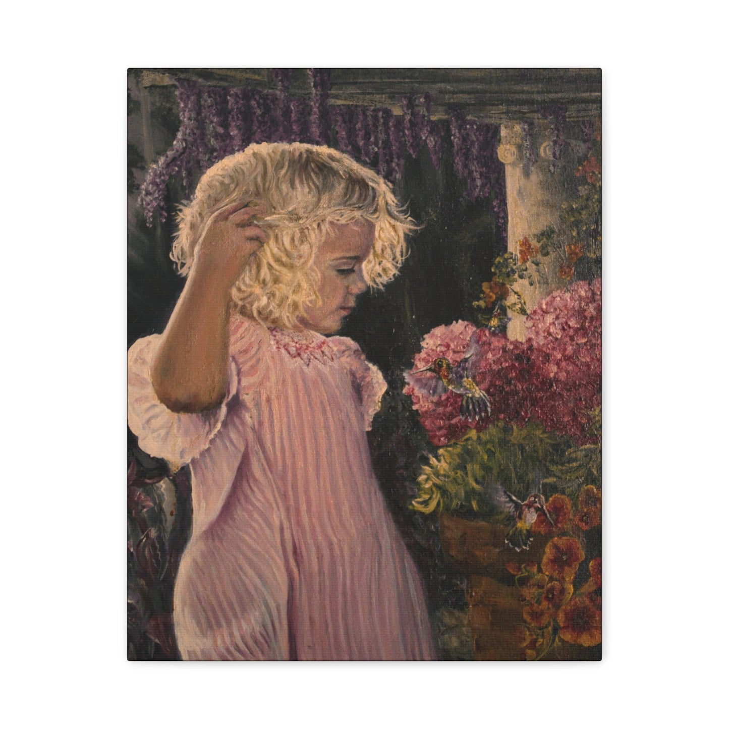 "Garden Surprise" Canvas Print - Girl with Hummingbirds Art