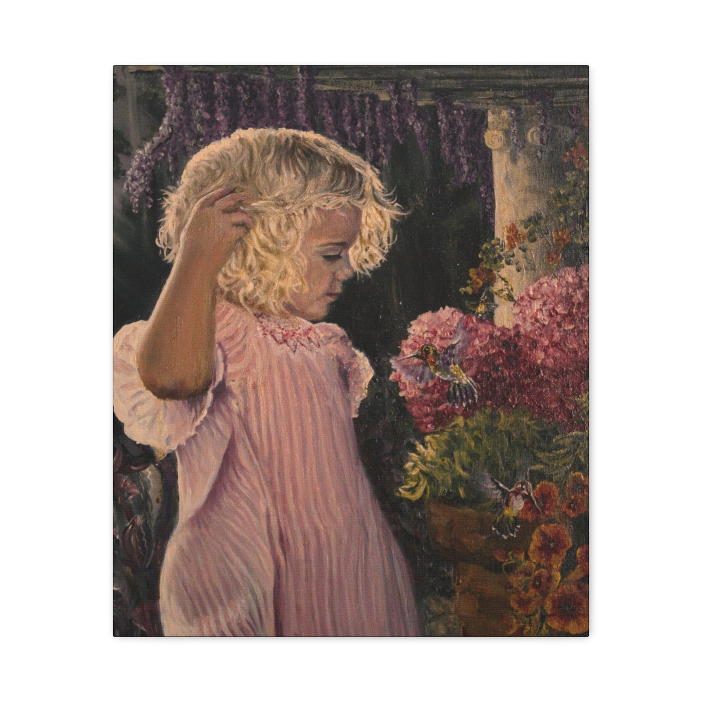"Garden Surprise" Canvas Print - Girl with Hummingbirds Art