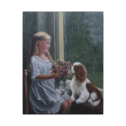 Painting of a girl with a dog and flowers by a window