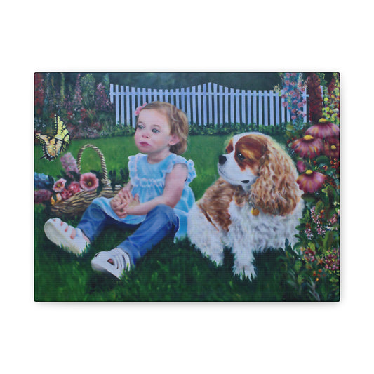 Painting of a young girl sitting on grass with a dog and flowers.