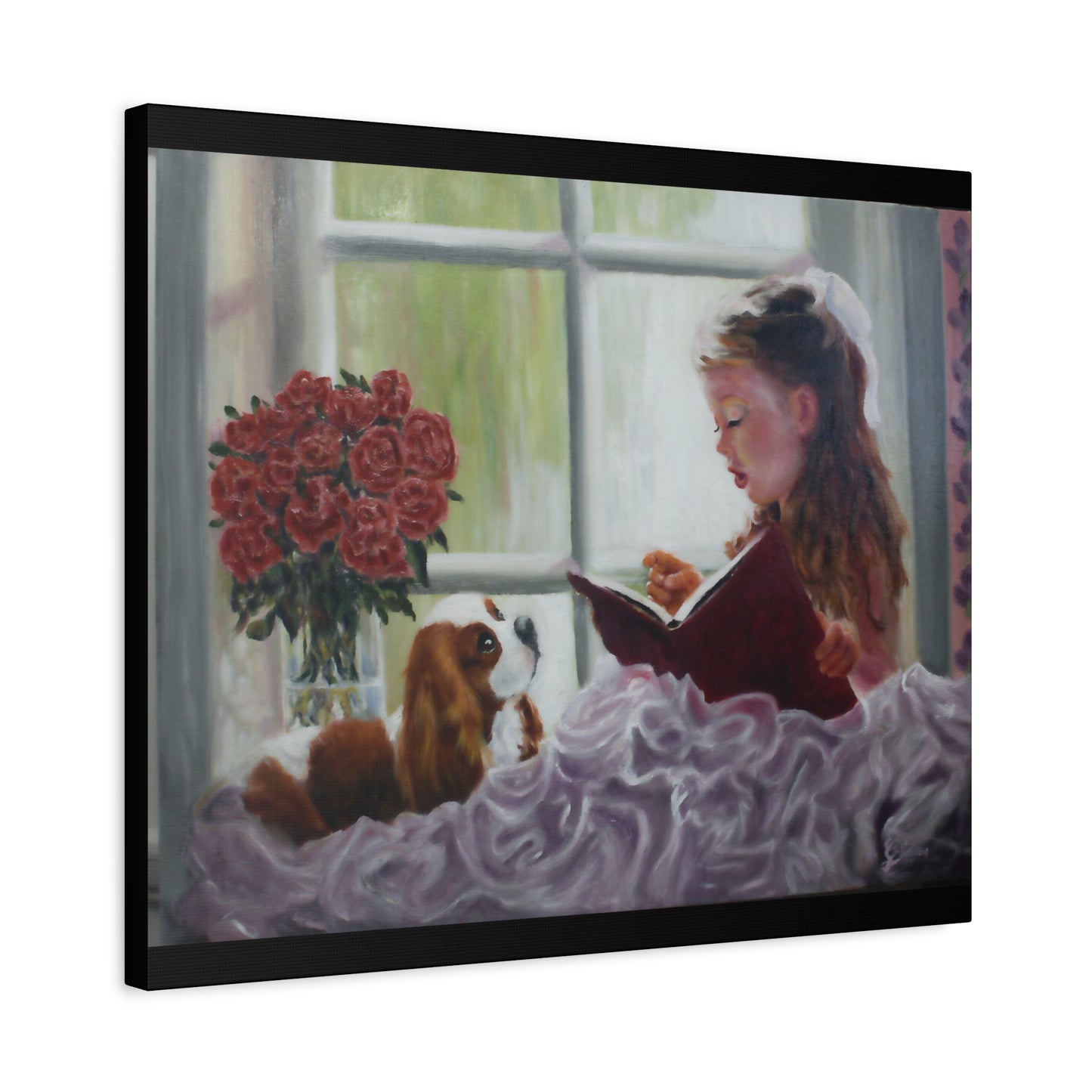 "Storyteller" Canvas Print - Girl Reading to Cavalier King Charles Spaniel