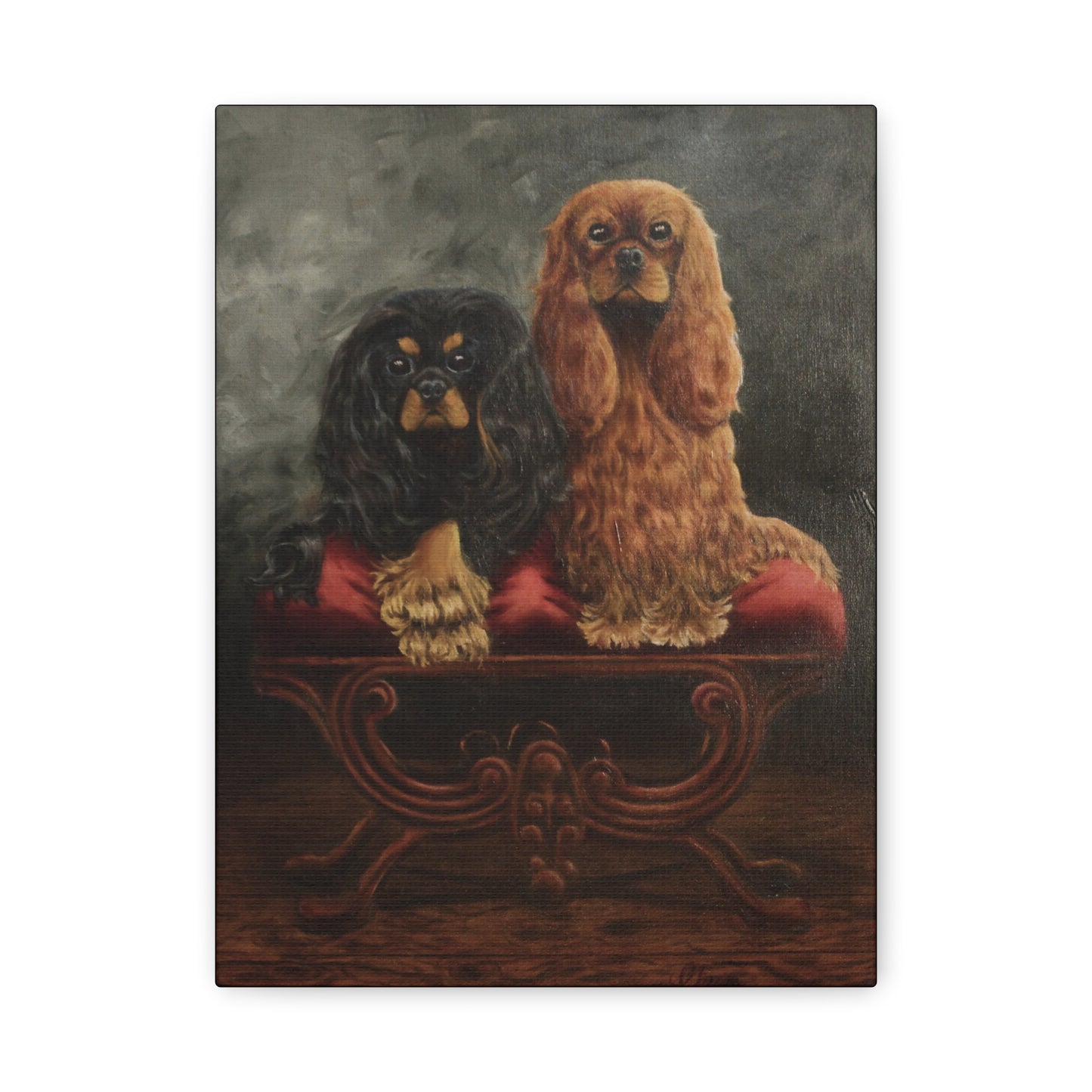 Painting of two dogs sitting on a bench with a dark background
