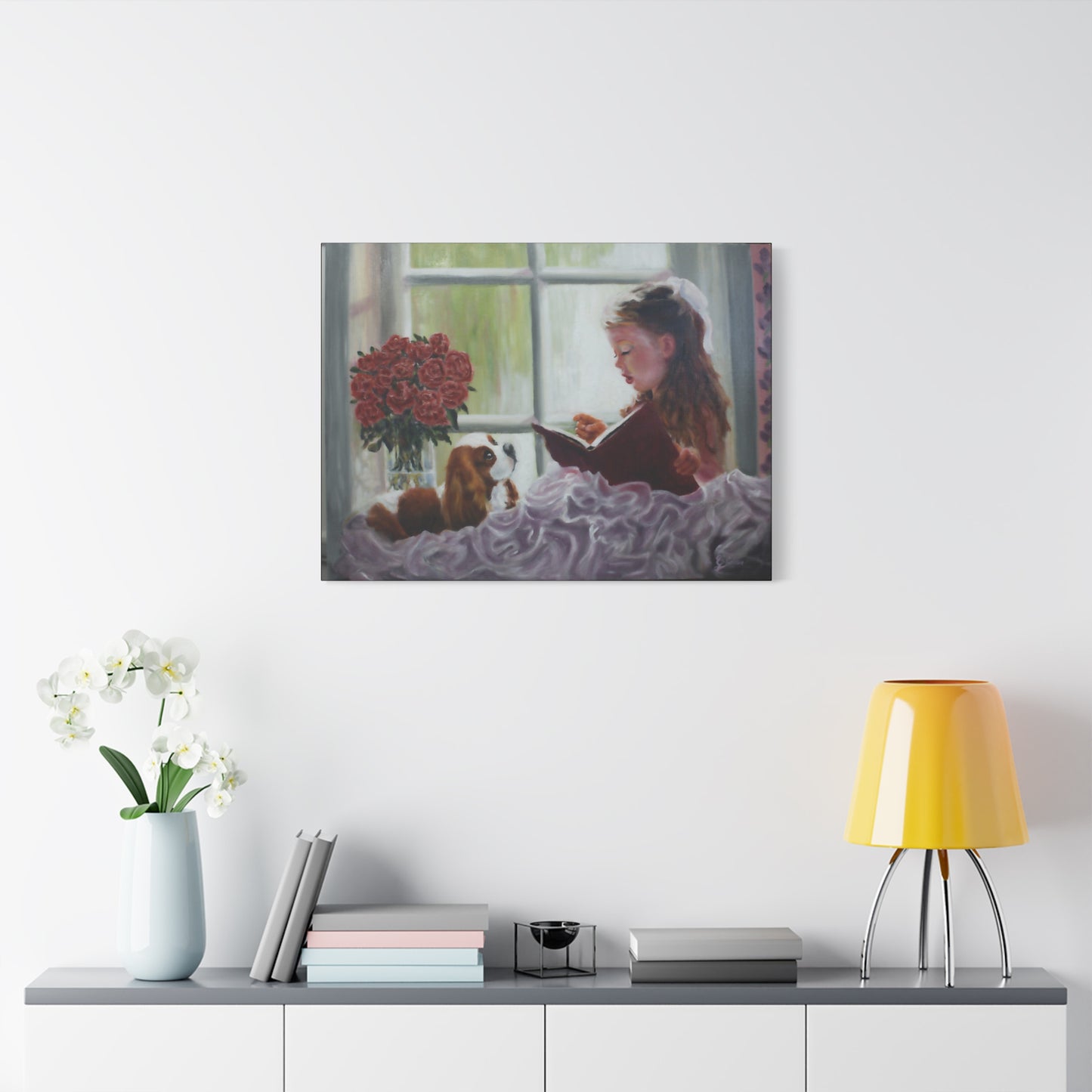 "Storyteller" Canvas Print - Girl Reading to Cavalier King Charles Spaniel