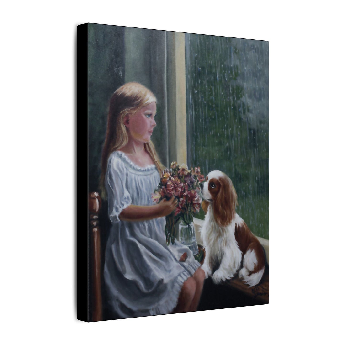 "Rainy Day" Canvas Print - Girl with Dog Whimsical Art