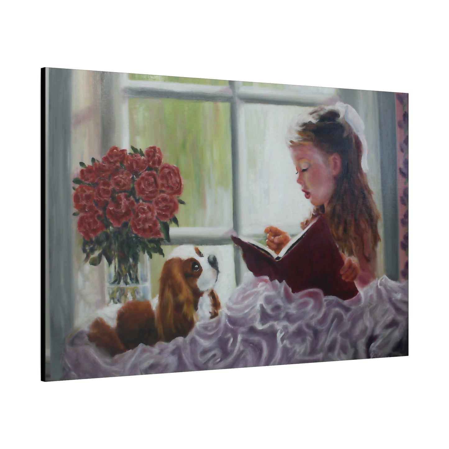 "Storyteller" Canvas Print - Girl Reading to Cavalier King Charles Spaniel
