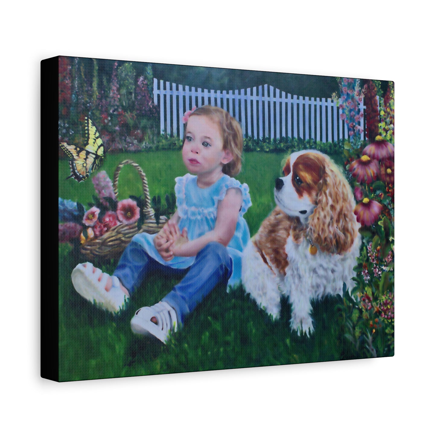"Innocence" Canvas Print - Girl with Dog Garden Butterfly Art