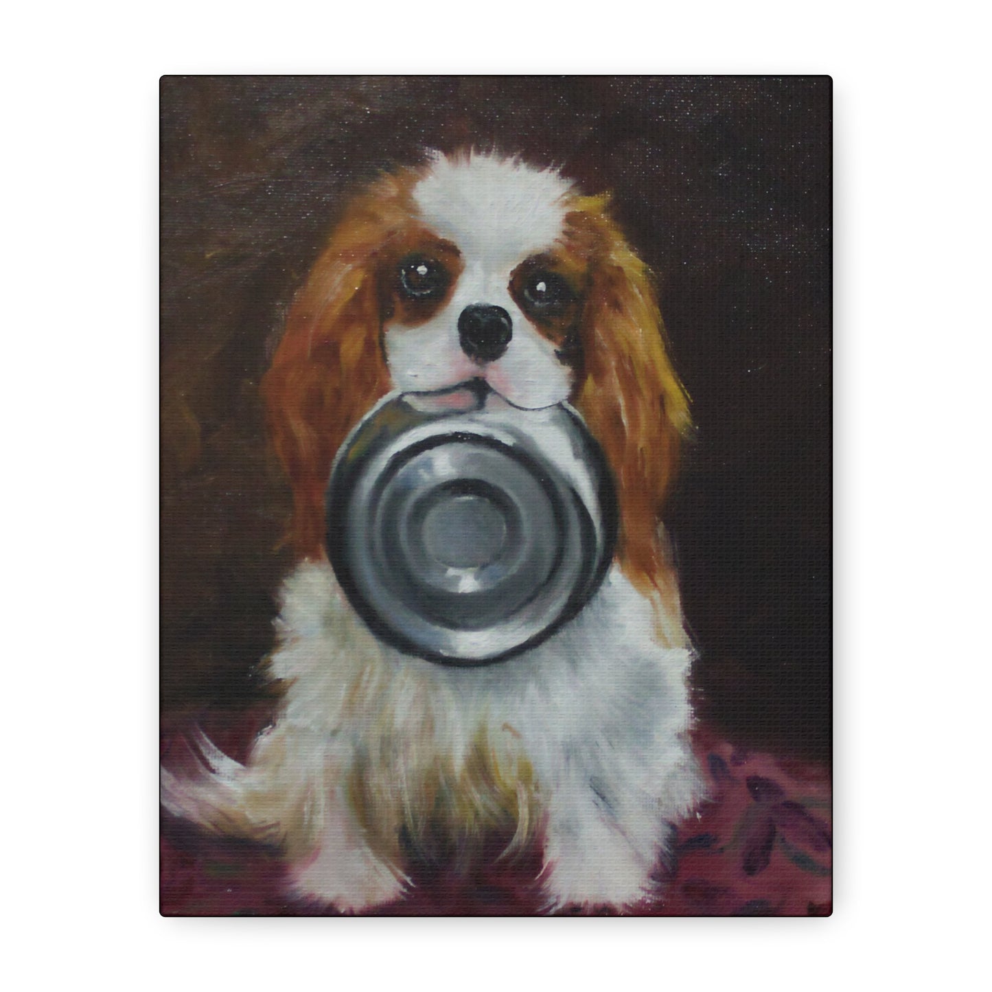 Painting of a dog holding a food bowl in its mouth on a dark background